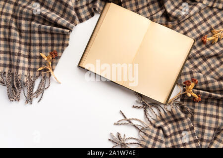 L'automne accueil composition confortable. Les fleurs sèches et écharpe, sur fond blanc. Mise à plat. Banque D'Images