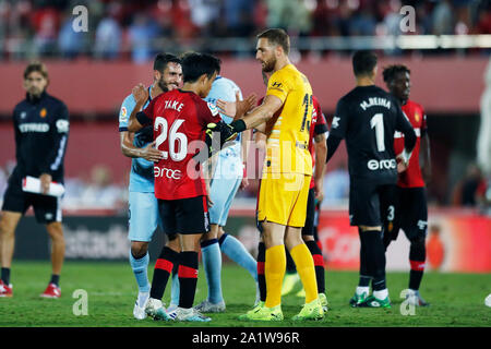 Palma de Mallorca, Espagne. Credit : D. 25 Septembre, 2019. Takefusa Kubo (Mallorca), Koke, Jan Oblak (Atletico) Football/soccer : "La Liga espagnole Santander' match entre le RCD Majorque 0-2 Atletico de Madrid au Fils Moix Stadium à Palma de Mallorca, Espagne. Credit : D .Nakashima/AFLO/Alamy Live News Banque D'Images