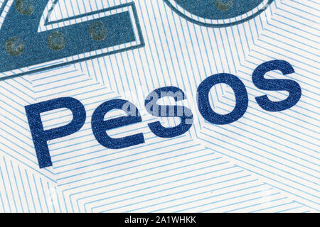 Macro close up detail du mot Pesos sur devise mexicaine. Banque D'Images