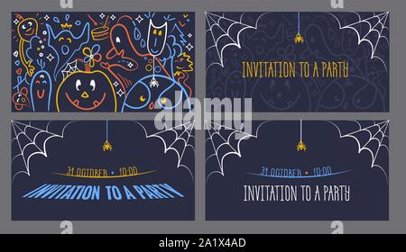 Vector set de Halloween party invitations ou cartes de voeux avec funny cartoon fantômes et de monstres en style linéaire Illustration de Vecteur