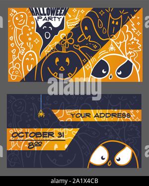 Vector set de Halloween party invitations ou cartes de voeux avec funny cartoon fantômes et de monstres en style linéaire Illustration de Vecteur