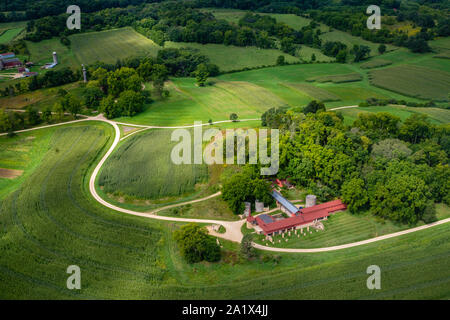 Vue aérienne de Frank Lloyd Wright's farm près de 'Taliesin' près de Spring Green, Wisconsin, USA. Banque D'Images