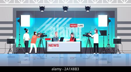 Homme Femme entrevue présentateur de télévision en studio tv live show news tournage caméra vidéo concept de radiodiffusion télévision horizontale pleine longueur Illustration de Vecteur