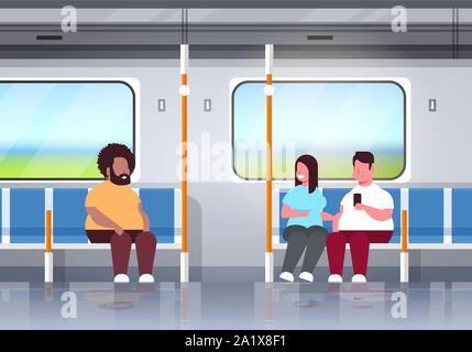 Les personnes obèses graisse à l'intérieur du train métro métro mix surpoids race les passagers assis dans les transports publics l'obésité concept flat horizontal full length Illustration de Vecteur