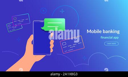 Paiement par carte de crédit via portefeuille électronique avec 2 étapes de l'authentification. Vector illustration de néon human hand holding smartphone avec message bubbl Illustration de Vecteur