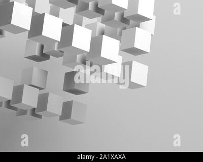 Abstract white cubes volants d'installation sur un mur gris clair. Le rendu 3d illustration Banque D'Images