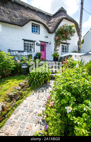 COVERACK, CORNWALL, UK - le 19 juin 2019. Un charmant cottage, thantched avec beau jardin dans le Cornish populaire destination touristique de Coverack. Banque D'Images