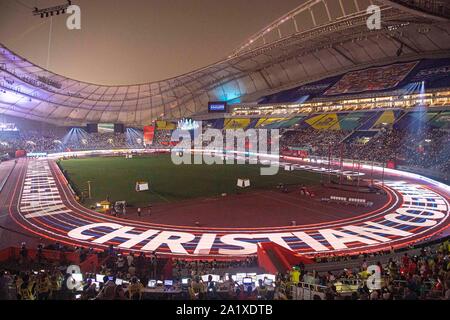 Doha, Katar. 28 Sep, 2019. Fonction, présentation des finalistes avant le début, Christian COLEMAN (USA/1e place) nom est projetée sur la piste. 100m Men's final, sur 28.09.2019 Championnats du monde d'athlétisme 2019 à Doha/Qatar, à partir de la 27.09. - 10.10.2019. Utilisation dans le monde entier | Credit : dpa/Alamy Live News Banque D'Images