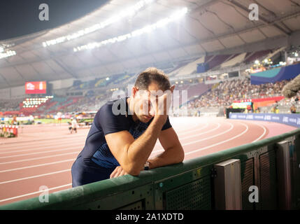 Doha, Katar. Sep 29, 2019. Renaud Lavillenie (FRA) déçu. La perche de la qualification des hommes, sur 28.09.2019 Championnats du monde d'athlétisme 2019 à Doha/Qatar, à partir de la 27.09. - 10.10.2019. Utilisation dans le monde entier | Credit : dpa/Alamy Live News Banque D'Images