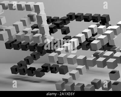 Résumé Contexte numérique noir et blanc avec des cubes volants installation dans la salle vide. Le rendu 3d illustration Banque D'Images