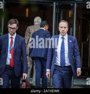 Manchester, UK. 29 septembre 2019. Secrétaire d'État à la santé Matt Hancock est vu sur la première journée à la conférence du parti conservateur à la Manchester Central Convention Complex. Photo par Ioannis (Alexopolos / Alamy Live News). Banque D'Images