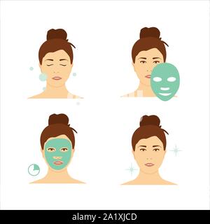 Étapes comment appliquer le masque du visage. Beauty fashion girl appliquer masque facial. Illustration de Vecteur