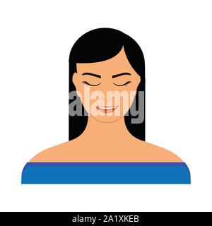 Teenage girl, femme avec différentes expressions du visage. Femme brune aux yeux clos en chemise bleue Illustration de Vecteur