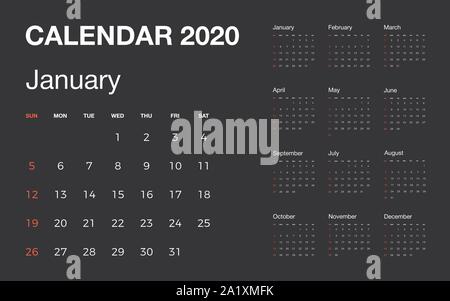 Calendrier 2020 isolé sur fond noir avec le week-end en surbrillance en rouge. Vector illustration Illustration de Vecteur