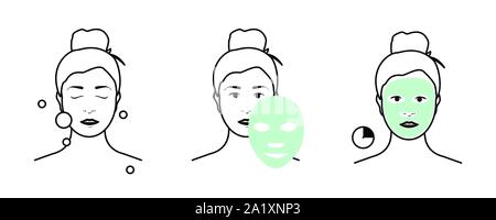 Étapes comment appliquer le masque du visage. Beauty fashion girl appliquer masque facial. Illustration de Vecteur
