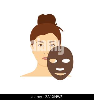 Femme appliquer masque brun charbon sur son visage isolé sur fond blanc Illustration de Vecteur