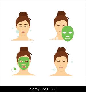 Étapes comment appliquer le masque du visage. Beauty fashion girl appliquer masque facial. Illustration de Vecteur