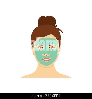 Femme avec de l'argile verte masque nourrissant sur son visage isolé sur fond blanc Illustration de Vecteur