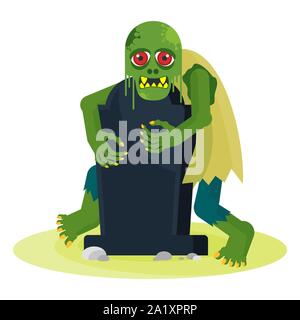 Zombie dentelée vert aux yeux rouges piaulements de derrière une pierre tombale. Illustration de Vecteur