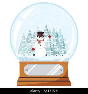 Vector cartoon style télévision Noël et Nouvel An crystal design snowglobe jouet avec bonhomme de neige en hiver et épicéas. Illustration de Vecteur