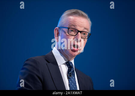 Manchester, UK. 29 septembre 2019. Michael Gove, Chancelier du duché de Lancaster et député de Surrey Heath parle lors de la première journée du congrès du parti conservateur à Manchester. © Russell Hart/Alamy Live News. Banque D'Images