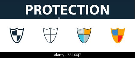 L'icône de la protection de l'ensemble. Symbole Premium dans des styles différents de la collection d'icônes. L'icône protection créatif rempli, contours, et d'une télévision couleur Illustration de Vecteur