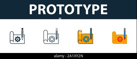 Prototype icon set. Symbole Premium dans différents styles d'icônes de démarrage collection. Prototype créatif rempli, l'icône de couleur, contours et télévision Illustration de Vecteur