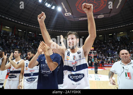 Bologne, Italie, 29 septembre 2019, le bonheur d'une amende de la Partita Fortitudo Bologne POMPEA , STEFANO MANCINELLI, lors de Fortitudo Bologne Vs Umana Venezia Reyer - Basket-ball italien une série Championship - Crédit : LPS/Michele Nucci/Alamy Live News Banque D'Images