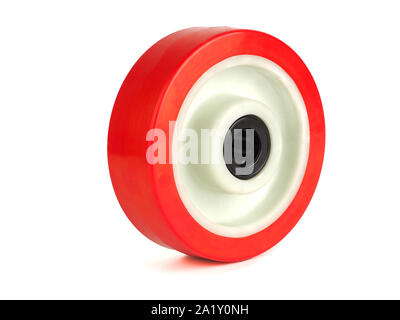 Une roue industrielle en polyamide et polyuréthane isolé sur fond blanc Banque D'Images
