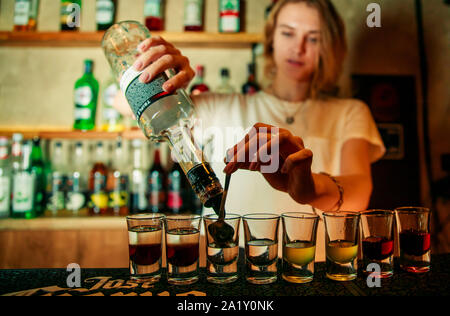 KHARKIV, UKRAINE - le 21 juin 2019 : l'homme n'Brutolny barman pouring whiskey Banque D'Images