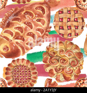 Produits de boulangerie dans un style aquarelle isolés. Illustration dessert sucré. Motif de fond transparent. Banque D'Images