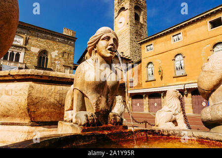 Contarini fontaine sur la Piazza Vecchia, Citta Alta, ville de Bergame, Italie Banque D'Images