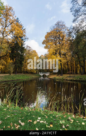 Petit pont crosing le lac en parc Lazienki pendant la saison d'automne, Varsovie, Pologne Banque D'Images