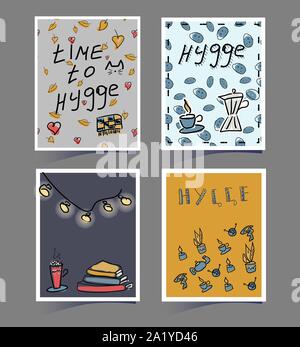 Un jeu de cartes avec l'inscription Hugge. Main mignon dessins d'un plaid, cafetière, Feuilles, livres et le cacao dans un style scandinave. Des bannières d'automne Illustration de Vecteur