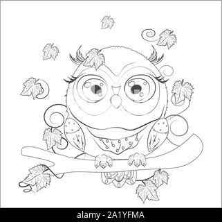 Livre de coloriage, automne hibou avec des yeux verts, sur une branche, avec parapluie. La photo en dessin cartoon style, peut être utilisé pour t-shirt print, l'usure Illustration de Vecteur