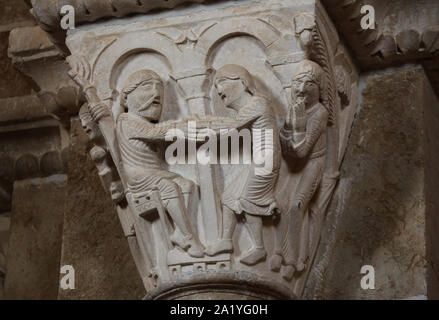 Bénédiction d'Isaac Jacob représenté dans la capitale romane datée du 12ème siècle dans la Basilique de Sainte Marie Madeleine (Basilique Sainte-Marie-Madeleine de Vézelay) de l'abbaye de Vézelay (abbaye Sainte-Marie-Madeleine de Vézelay) à Vézelay, Bourgogne, France. Banque D'Images