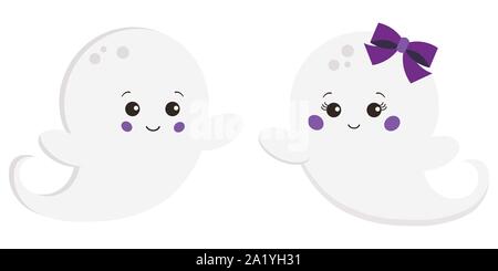 Clipart Vecteur de style plate kawaii cute sweet cartoon garçon et fille avec bow ghost isolé sur fond blanc. Illustration de Vecteur