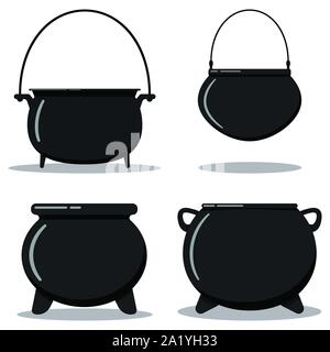 Télévision designcartoon illustration style vector set noire fonte marmite vide, chaudière, fer à repasser camping chaudron de sorcière. Illustration de Vecteur
