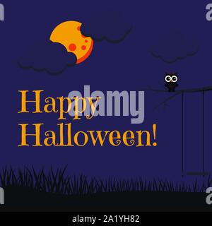 Beau cartoon style Happy Halloween black cute owl sitting on tree branch, pleine lune, nuages, swing, de l'herbe. Illustration de Vecteur