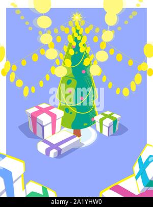 Carte de Noël avec effet 3D. Guirlande lumineuse et coffrets cadeaux sous l'arbre de Noël. Illustration des fêtes avec beaucoup de lumière jaune. La saison d'hiver coloré design. Télévision vecteur concept. Illustration de Vecteur