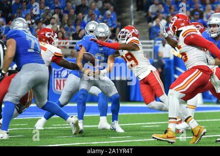 Detroit, Michigan, USA. Sep 29, 2019. Detroit, Michigan, USA. Sep 29, 2019. Detroit Lions QB Matthew Stafford (9) obtient la balle frappa des mains et au cours de la NFL fumbles match entre Kansas City Chiefs et Lions de Détroit le 29 septembre 2019 au Ford Field de Detroit, MI (Photo by Dranberg/Cal Sport Media) Credit : Cal Sport Media/Alamy Live News Crédit : Cal Sport Media/Alamy Live News Banque D'Images