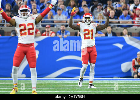 Detroit, Michigan, USA. Sep 29, 2019. Detroit, Michigan, USA. Sep 29, 2019. Kansas City Chiefs CB Bashaud Breeland (21) célèbre après son retour un fumble pour un touché lors de NFL match entre Kansas City Chiefs et Lions de Détroit le 29 septembre 2019 au Ford Field de Detroit, MI (Photo by Dranberg/Cal Sport Media) Credit : Cal Sport Media/Alamy Live News Crédit : Cal Sport Media/Alamy Live News Banque D'Images