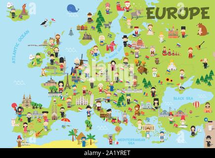 Funny cartoon carte de l'Europe avec bassin pour les enfants de différentes nationalités, des monuments, des animaux et des objets de tous les pays. Vector illustration Illustration de Vecteur