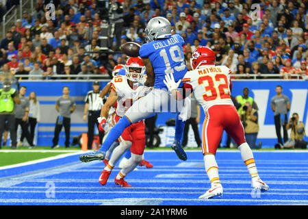 Detroit, Michigan, USA. Sep 29, 2019. Detroit, Michigan, USA. Sep 29, 2019. Detroit Lions WR Kenny Golladay (19) passe de touché au cours d'un match entre la NFL Kansas City Chiefs et Lions de Détroit le 29 septembre 2019 au Ford Field de Detroit, MI (Photo by Dranberg/Cal Sport Media) Credit : Cal Sport Media/Alamy Live News Crédit : Cal Sport Media/Alamy Live News Banque D'Images