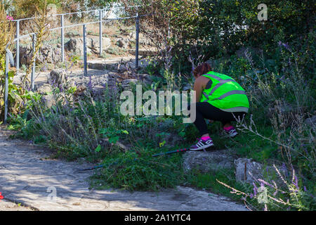 18 septembre 2019 un jardin de roche ami travaillant dans le jardin de Portsmouth sur une chaude journée de début d'automne en Septembre Banque D'Images