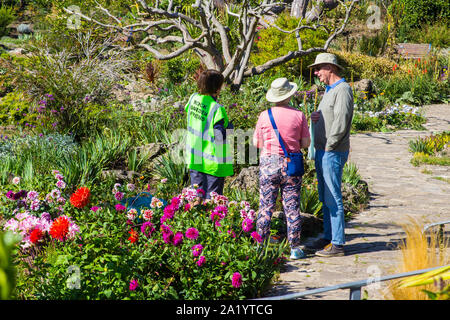 18 septembre 2019 un jardin de roche ami parler aux visiteurs dans le jardin sur une roche de Portsmouth au début de l'automne chaud jour de septembre Banque D'Images