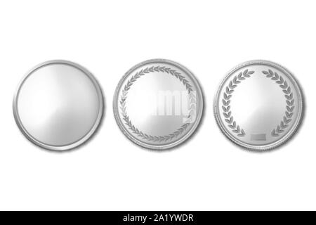 Vector réaliste 3d Silver Metal Icon Set pièce vide libre isolé sur fond blanc. Modèle de conception, de l'argent, l'or Clipart, Currensy Médaille pour Illustration de Vecteur