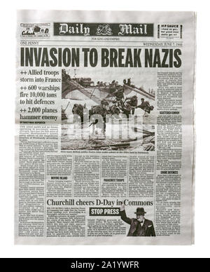 Une reproduction de la première page du Daily Mail du 7 juin 1944 avec les nouvelles sur l'invasion de la France après le D-Day. Banque D'Images