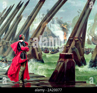 Le Cardinal de Richelieu au siège de La Rochelle contre les Huguenots (détail d'un tableau d'Henri Motte, 1881) Banque D'Images