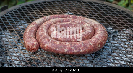 Saucisses boerewors sud-africain sur l'open cuit traditionnellement dans les charbons en plein air libre de droit avec l'espace de copie en format horizontal Banque D'Images